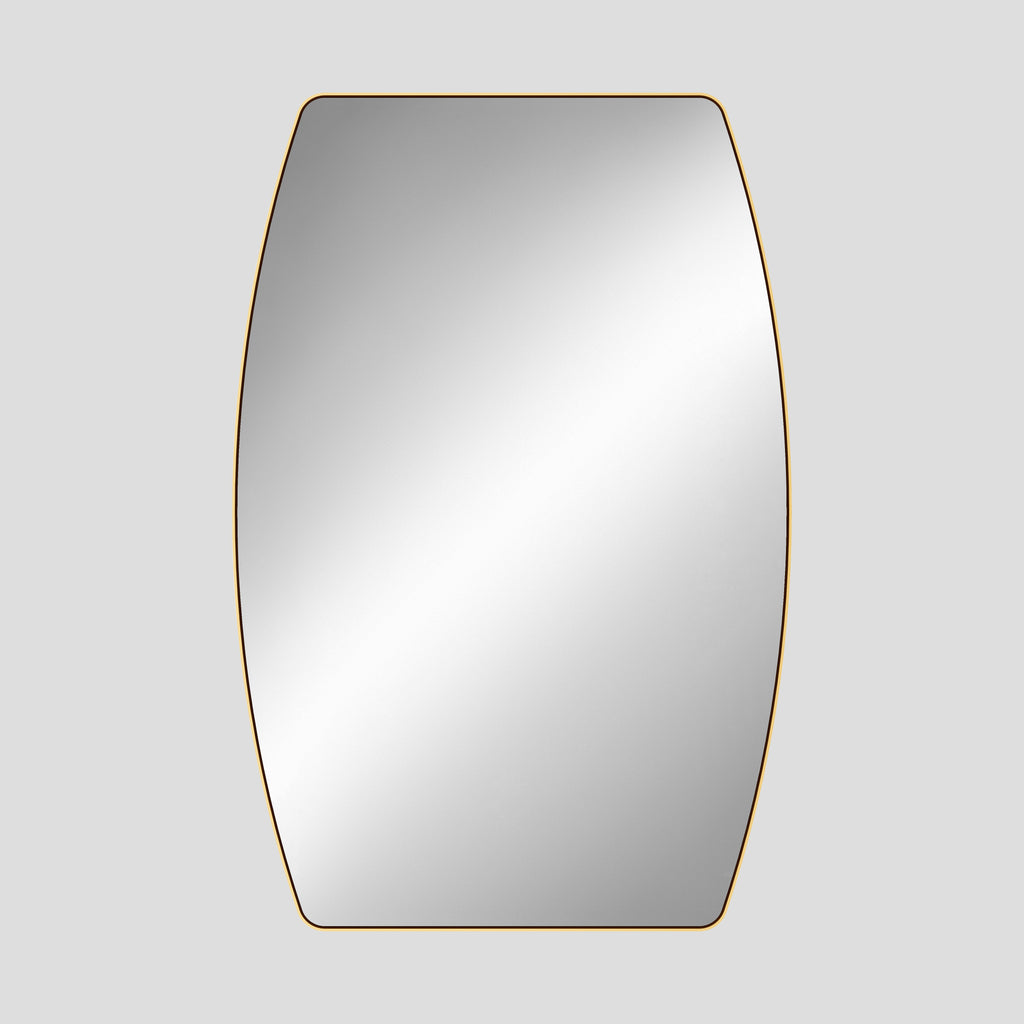 Rectangular mirror with a gold frame on a light gray background