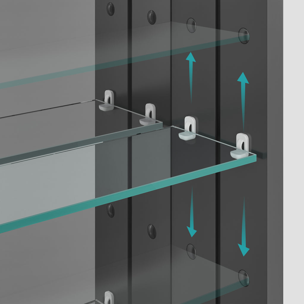 Glass shelves with brackets and arrows indicating direction on a gray background