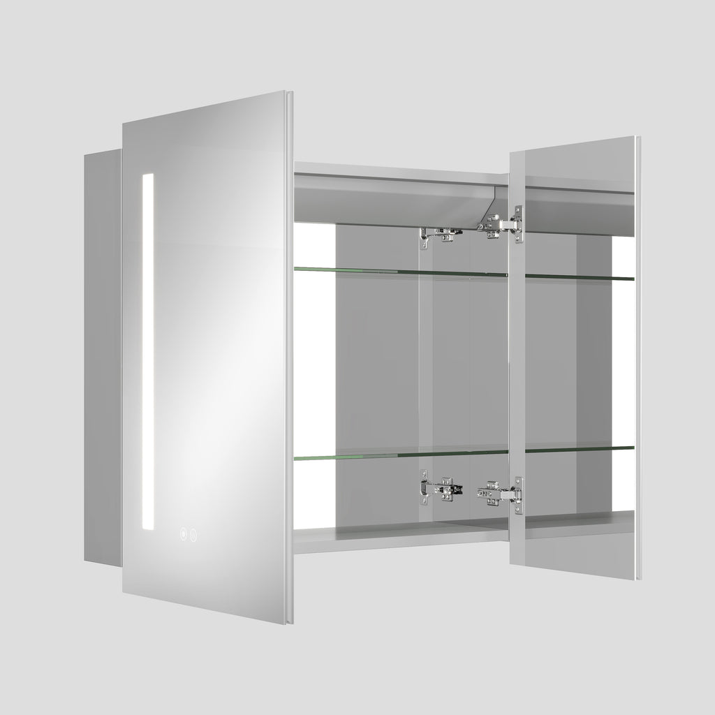 Bathroom cabinet with open doors on a white background