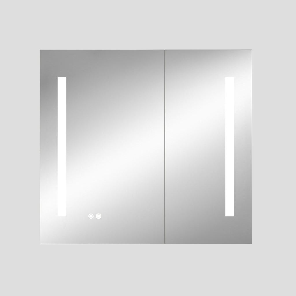 Two rectangular mirrors with vertical lights on a gray background