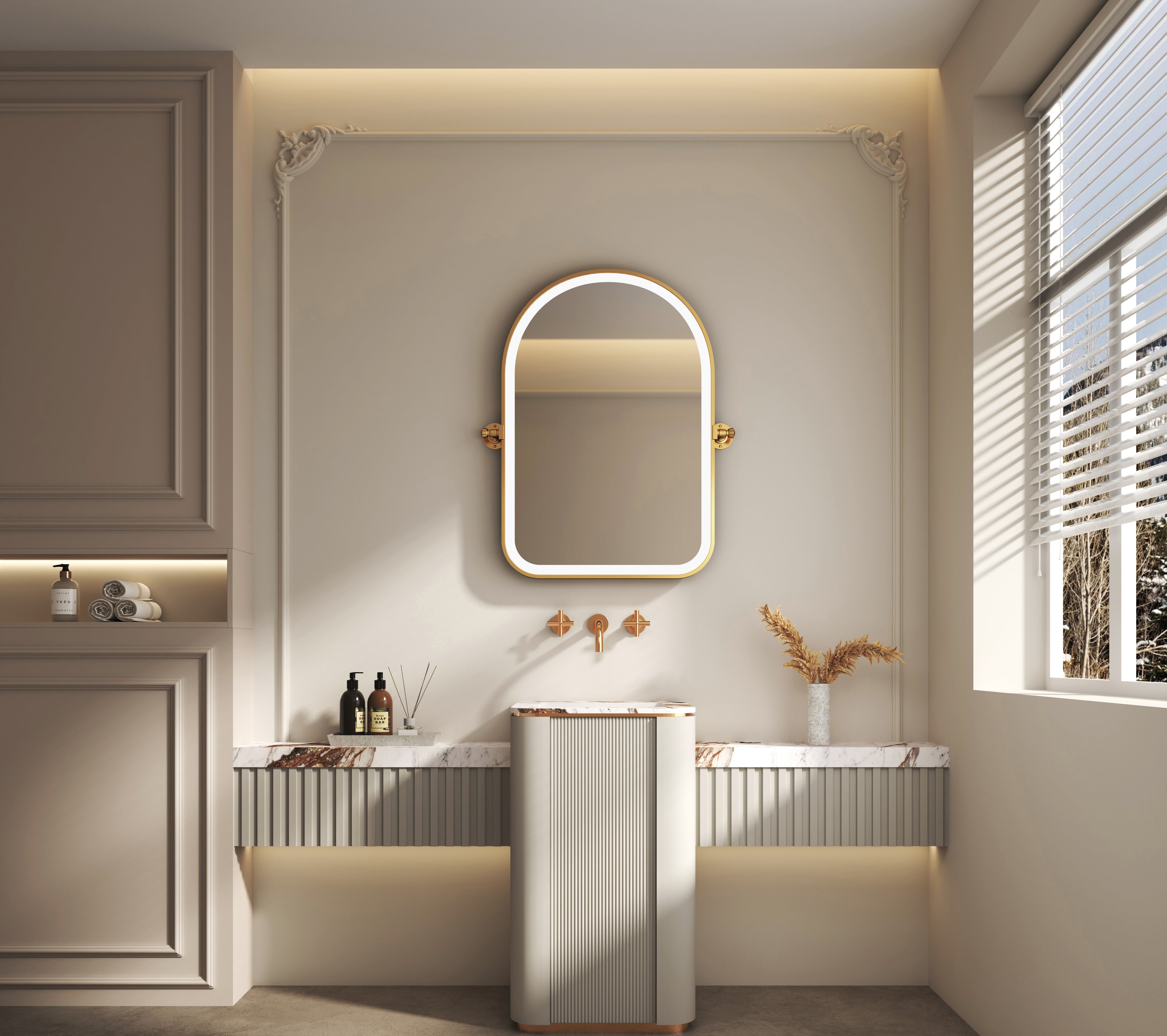Modern bathroom interior with a sink, mirror, and window.