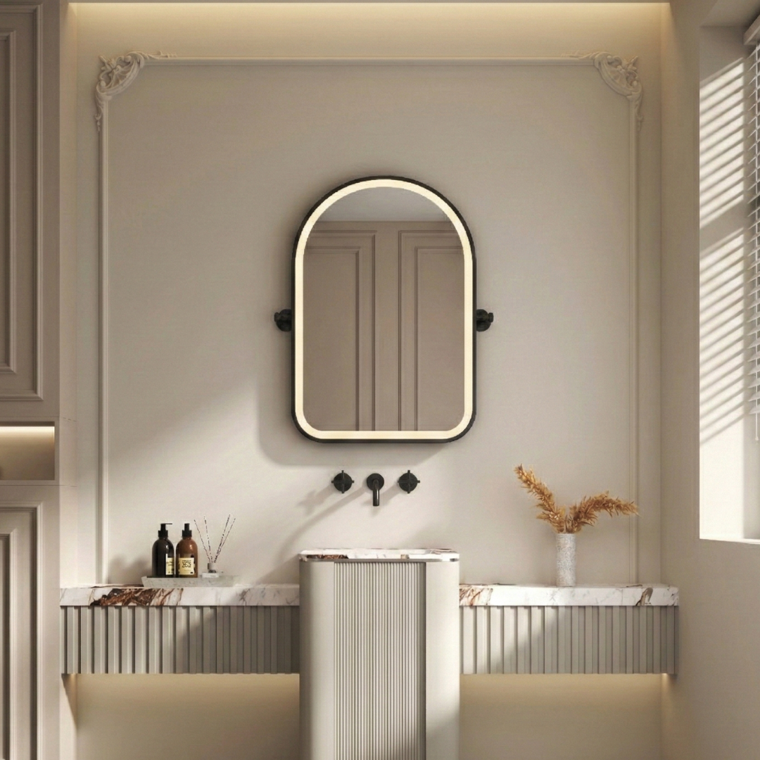Bathroom interior with a mirror, sink, and decorative elements.