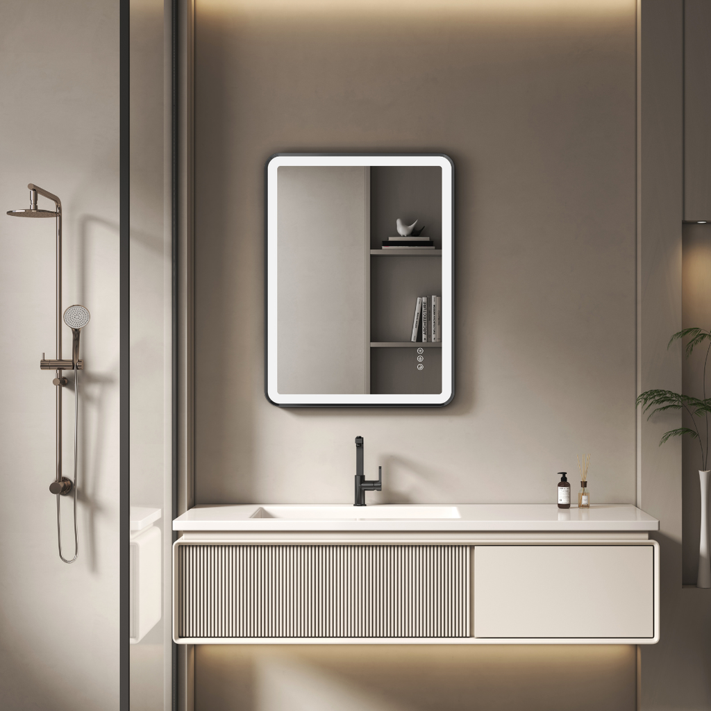 Modern bathroom with a vanity, mirror, and shower setup.