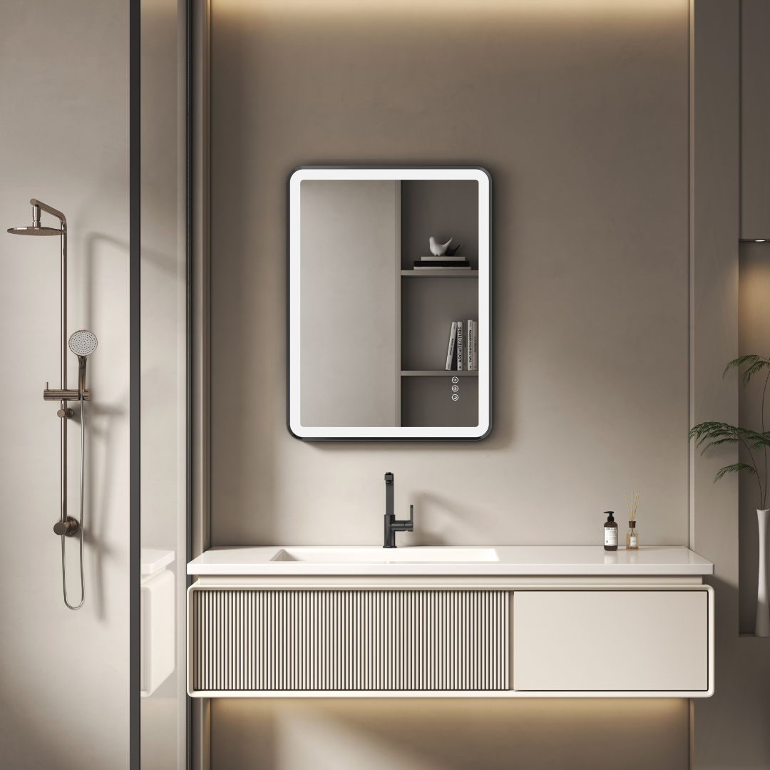 Modern bathroom with a vanity, mirror, and shower setup.