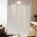 Modern bathroom with a glass shower enclosure, wooden cabinet, and marble wall.