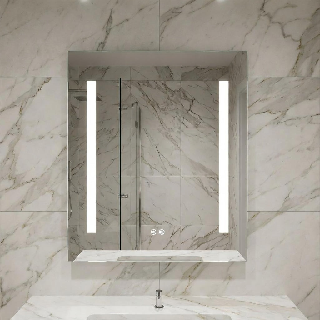 Bathroom with a marble-patterned wall and a mirror with LED lights.