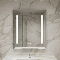 Bathroom with a marble-patterned wall and a mirror with LED lights.