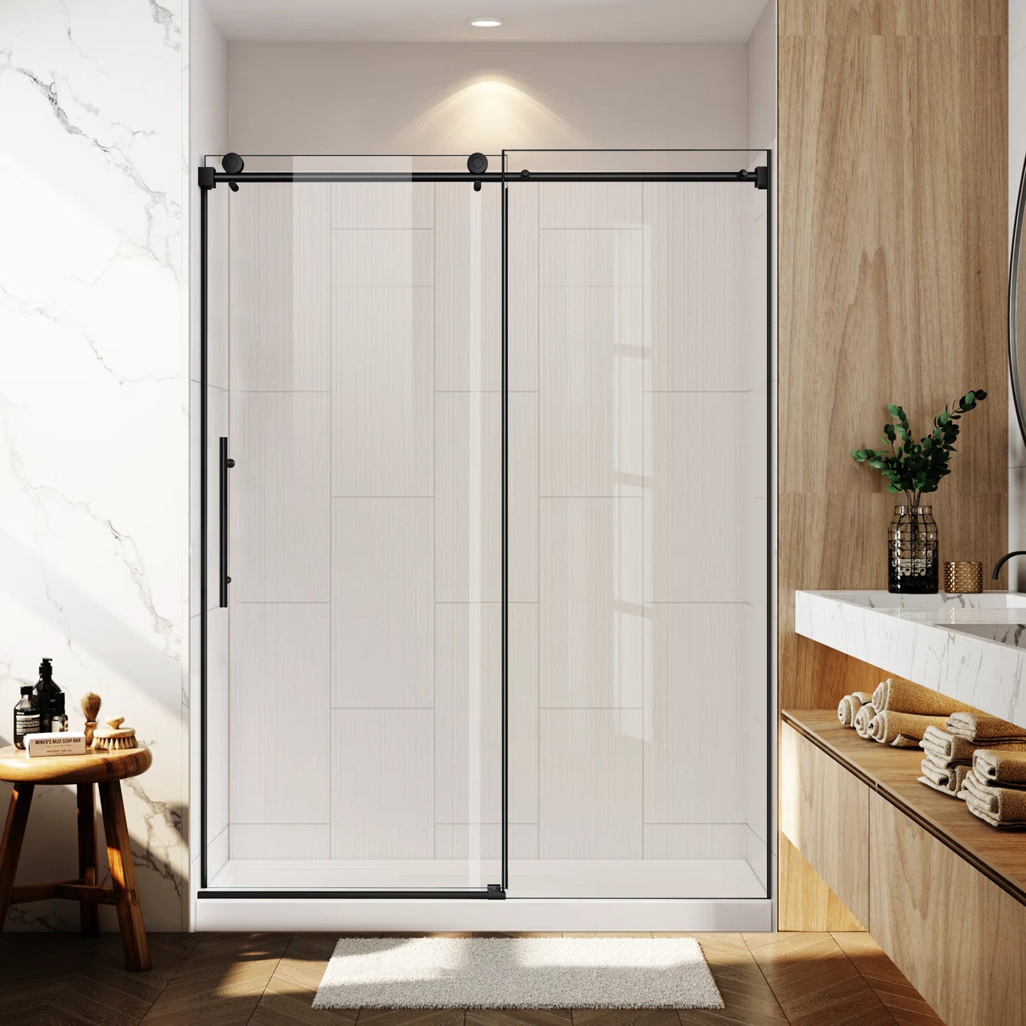 Modern bathroom with a glass shower enclosure, wooden vanity, and marble wall.