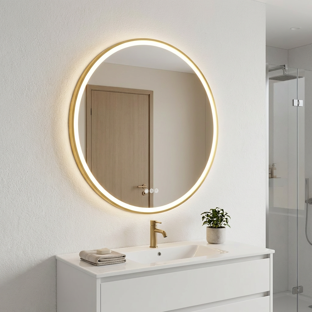 Bathroom with a round illuminated mirror above a sink
