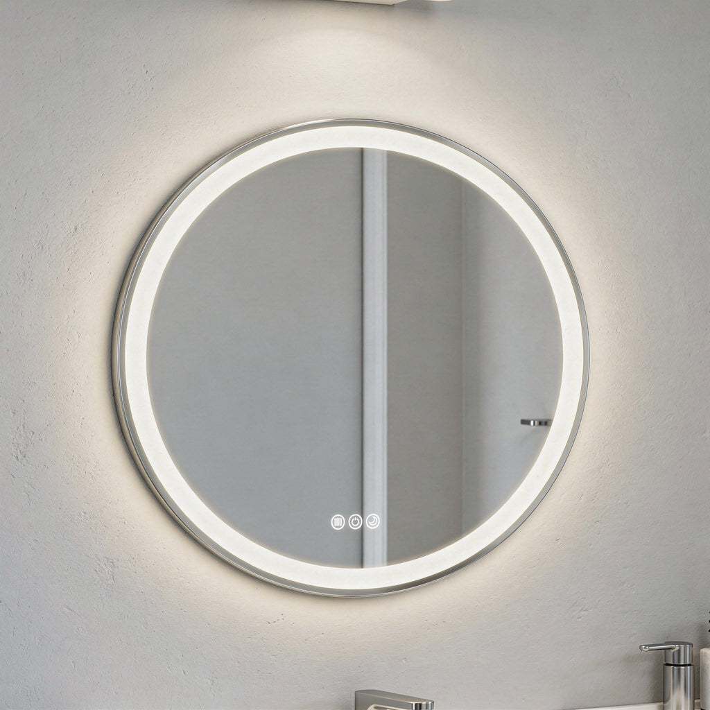 Round illuminated bathroom mirror on a light gray wall