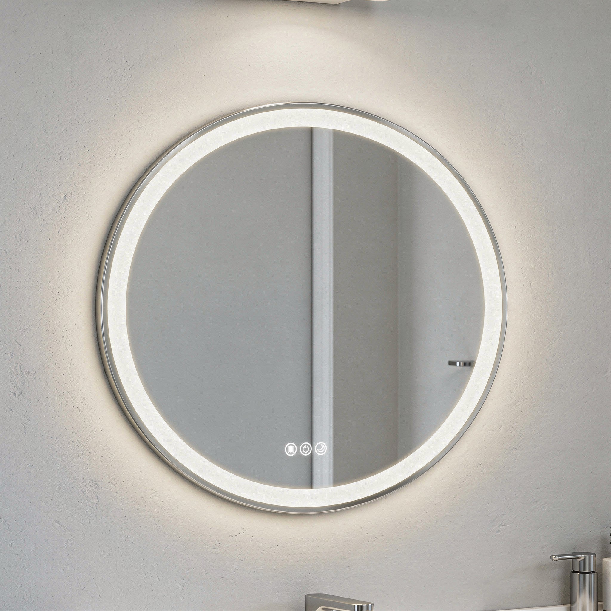 Round illuminated bathroom mirror on a light gray wall